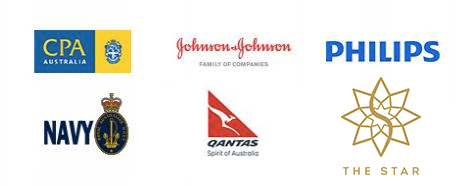 Logos of CPA Australia, Johnson and Johnson, Philips, NAVY, Qantas, Echo Entertainment Group 
